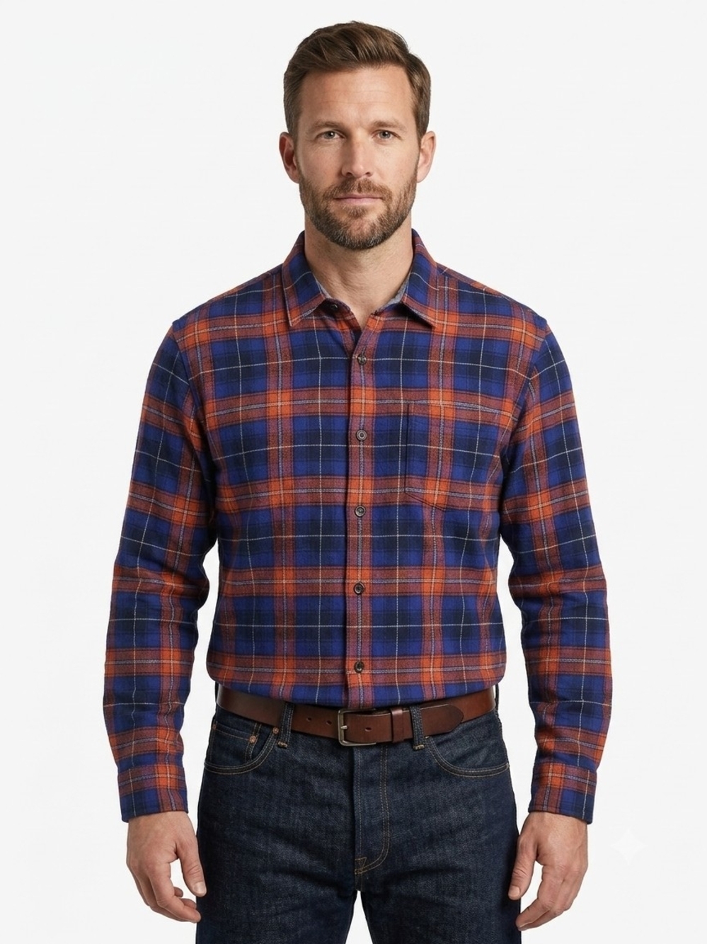 Grayers Heritage Flannel Shirt Men's Plaid Long Sleeve Button Down Blue Orange
